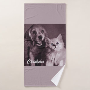 Dog and Cat, Looking Up Personalized Bath Towel