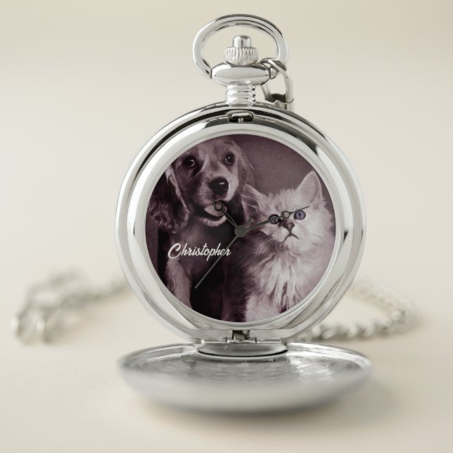 Dog and Cat, Looking Up Personalized Pocket Watch (Inside)