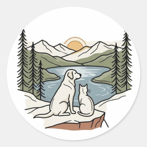 Dog and Cat Mountain Lake Sunset  Classic Round Sticker