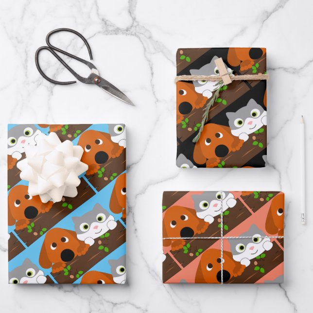 Dog And Cat On Branch Wrapping Paper Sheets (Front)