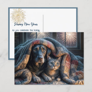 Dog and Cat Under a Quilt Postcard