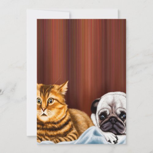 DOG AND CAT WATCHING TV Cute Pug Owner Holiday Card