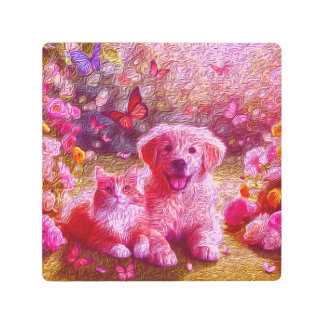dog and cats flowers metal print