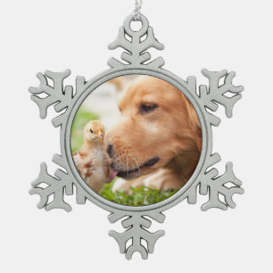 Dog and Chick Snowflake Pewter Christmas Ornament