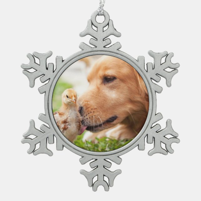 Dog and Chick Snowflake Pewter Christmas Ornament (Front)