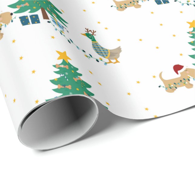 Dog and Duck with Christmas tree Wrapping Paper (Roll Corner)
