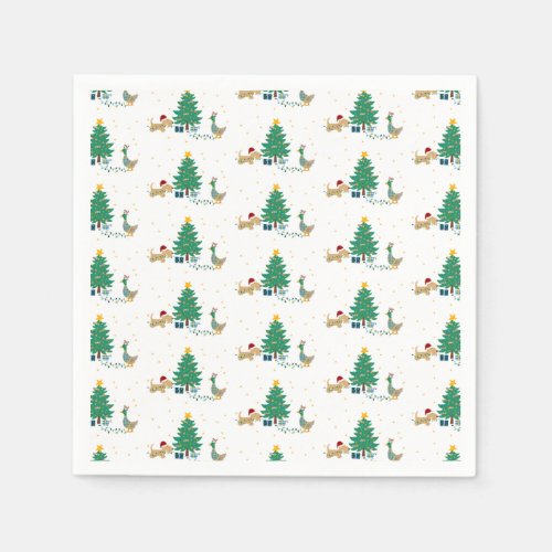 Dog and duck with holiday tree napkins
