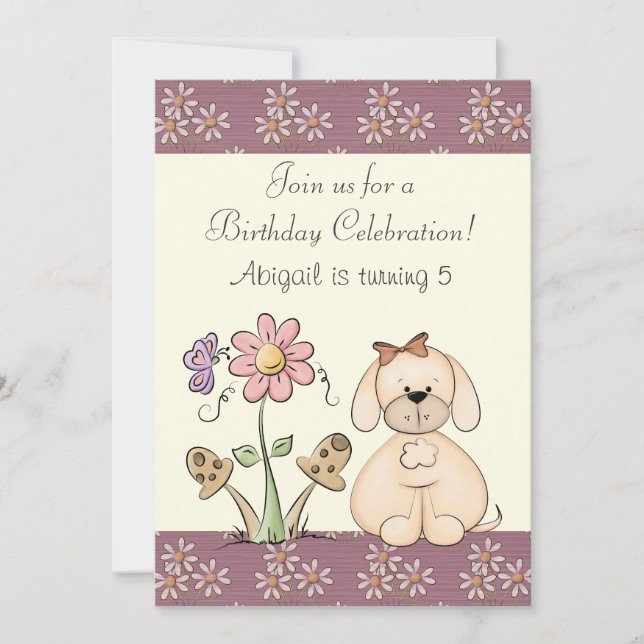Dog and Flowers Birthday Invitation for Girls (Front)