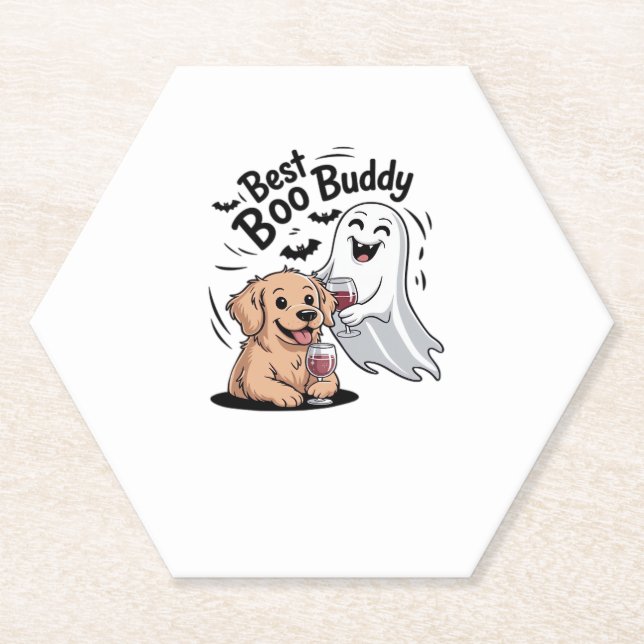Dog and ghost drinking wine. Classic T-Shirt Paper Coaster (Front)