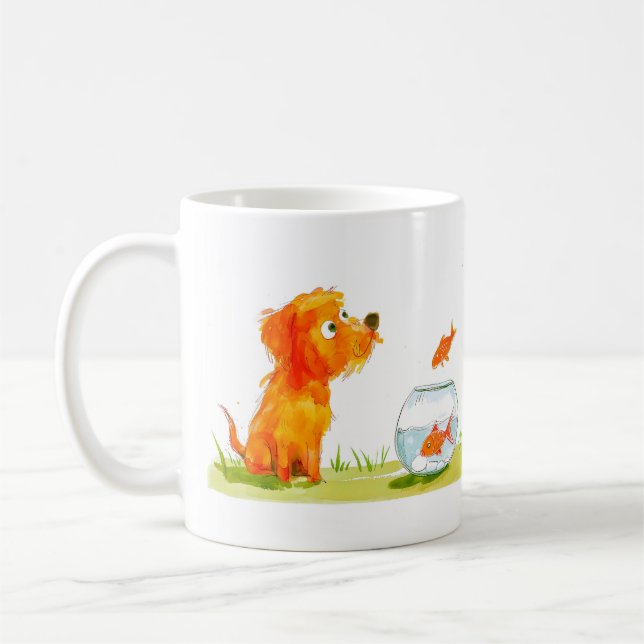 Dog and Goldfish Cartoon Coffee Mug (Left)