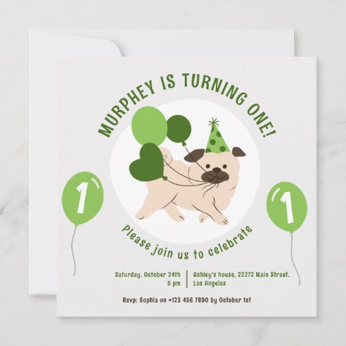 Dog And Green Balloons Birthday Invitation