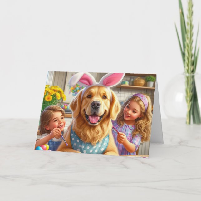  Dog and  Kids Coloring  Easter Eggs  Holiday Card (Front)