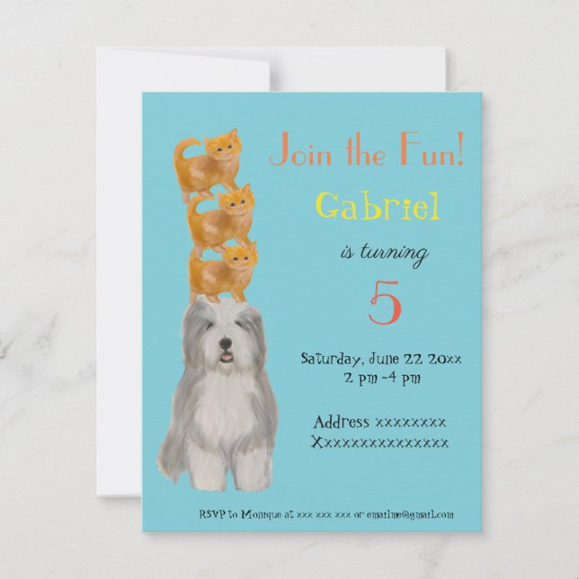 Dog and Kittens, birthday party invitation (Front)
