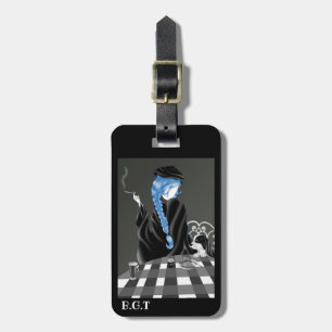 Dog and Lady at café Luggage Tag