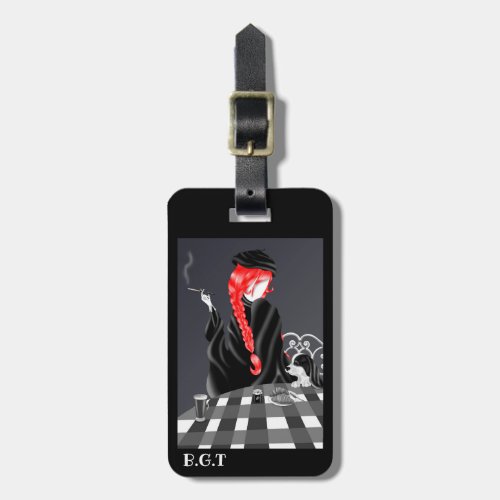 Dog and Lady at caf  Luggage Tag