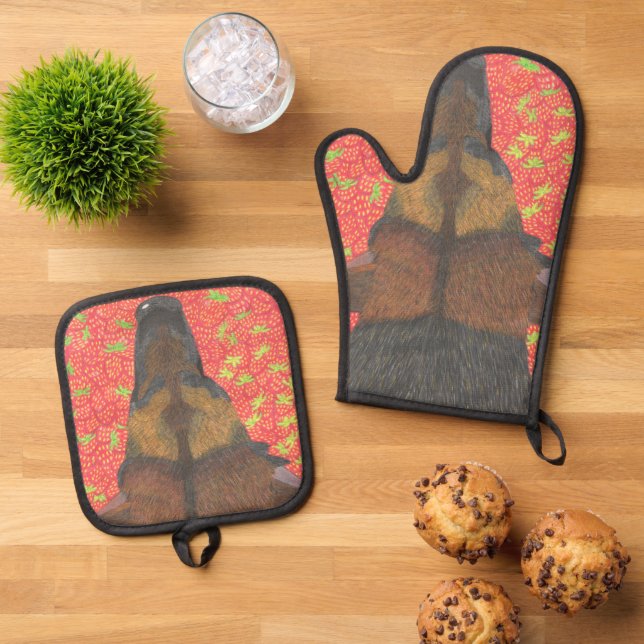 Dog and strawberry  oven mitt & pot holder set (Top Down)