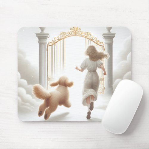 Dog and Woman at Heavenly Gates Mouse Pad