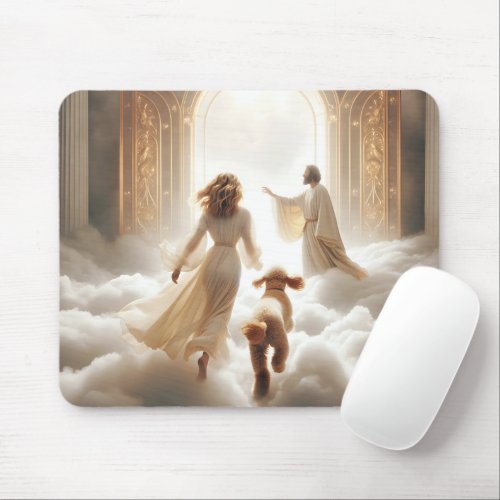 Dog and Woman at Heavenly Gates Mouse Pad