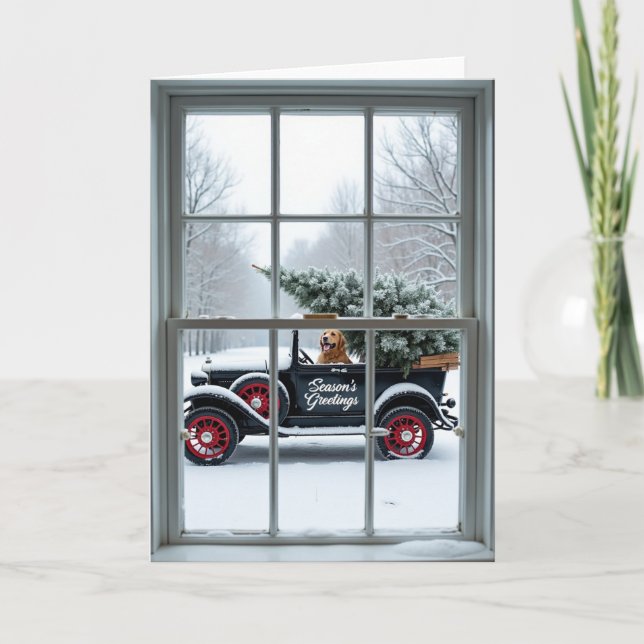 Dog Antique Car Seasons Greetings Card (Front)