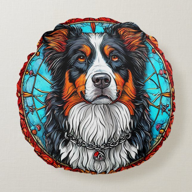 Dog Artistic Stained Glass Portrait Round Pillow (Front)