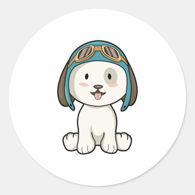 Dog as Aviator with Hat & Glasses Classic Round Sticker (Front)