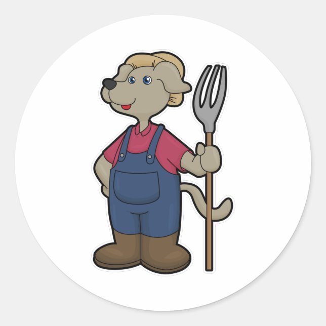 Dog as Farmer with Rake & Hat Classic Round Sticker (Front)