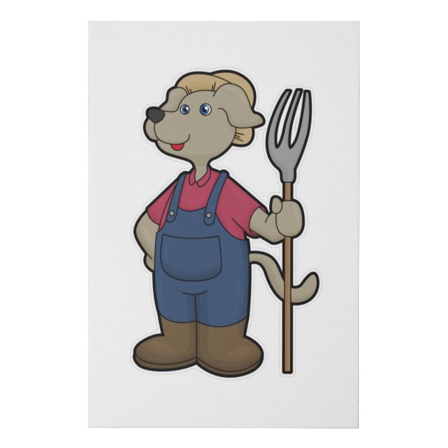 Dog as Farmer with Rake & Hat Faux Canvas Print (Front)
