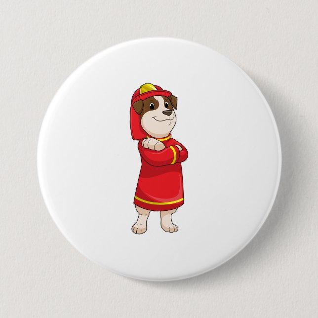 Dog as Firefighter with Helmet Button (Front)