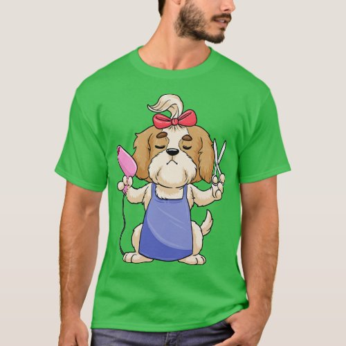 Dog as hairdresser with scissors and hair dryer T_Shirt