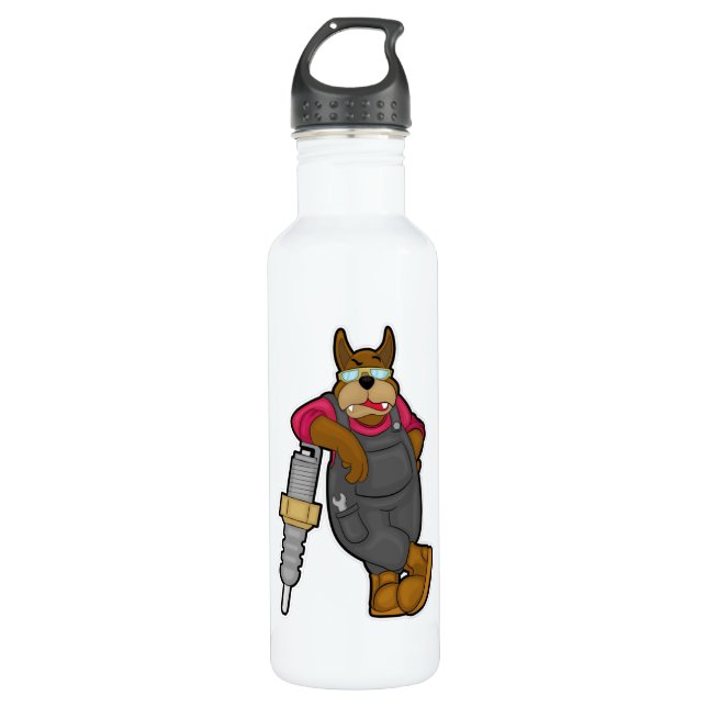 Dog as Mechanic with Spark plug Stainless Steel Water Bottle (Front)