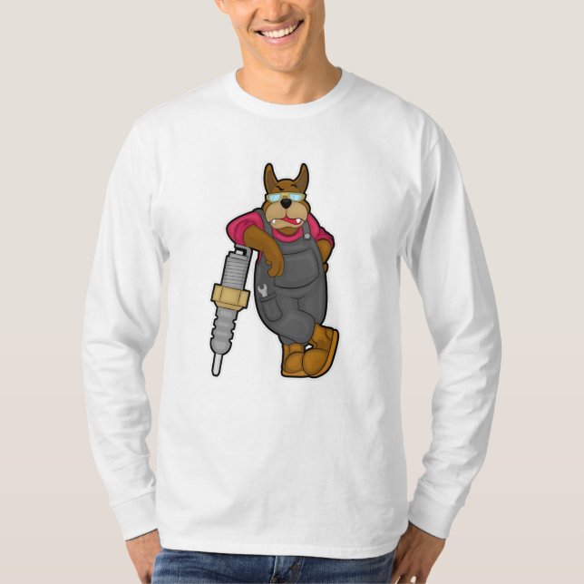 Dog as Mechanic with Spark plug T-Shirt (Front)