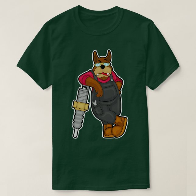 Dog as Mechanic with Spark plug T-Shirt (Design Front)