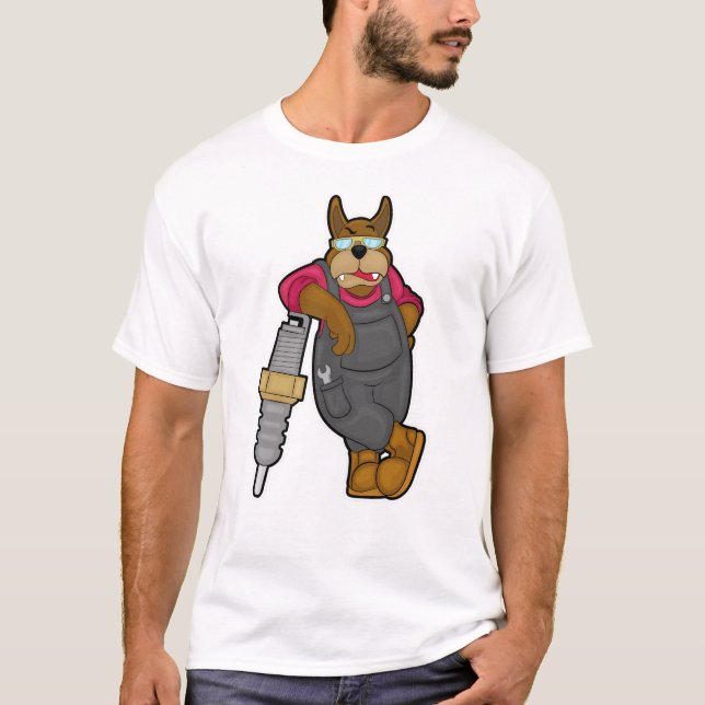 Dog as Mechanic with Spark plug T-Shirt (Front)