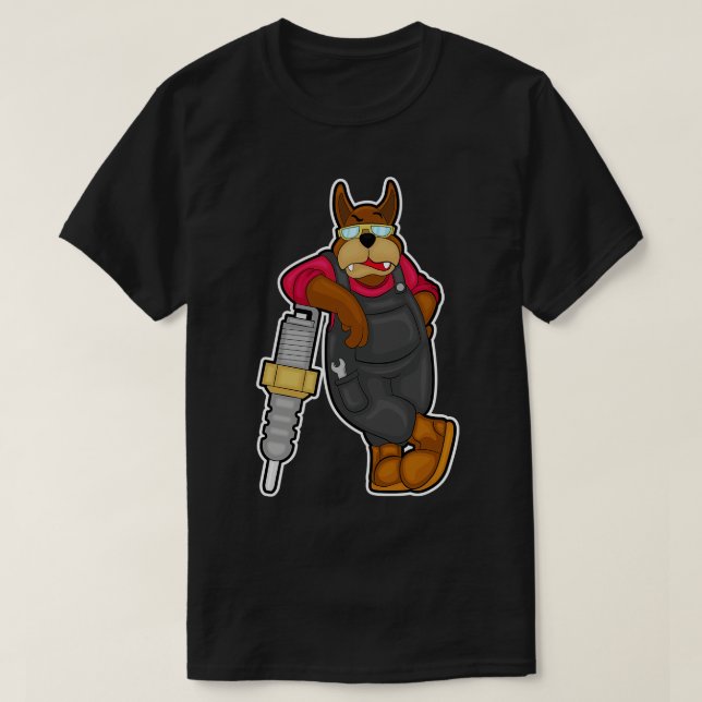Dog as Mechanic with Spark plug T-Shirt (Design Front)