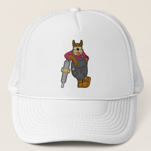 Dog as Mechanic with Spark plug Trucker Hat