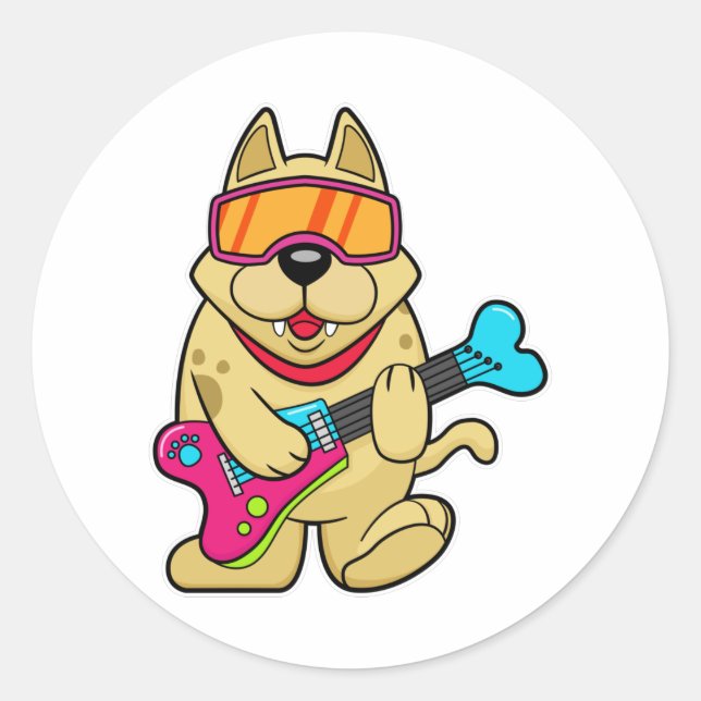 Dog as Musican with Guitar Classic Round Sticker (Front)