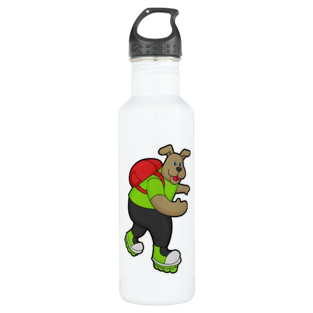 Dog as Skater with Inline skates & Backpack Stainless Steel Water Bottle (Front)