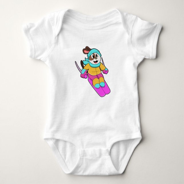 Dog as Skier with Ski & Scarf Baby Bodysuit (Front)