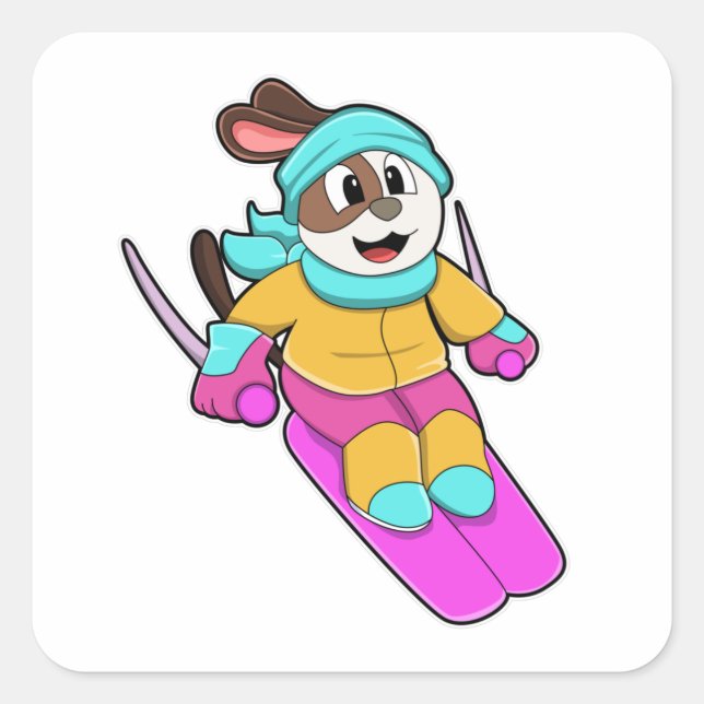 Dog as Skier with Ski & Scarf Square Sticker (Front)