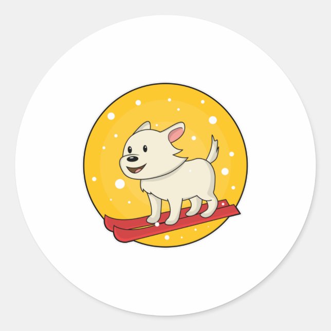 Dog as Skier with Skis Classic Round Sticker (Front)