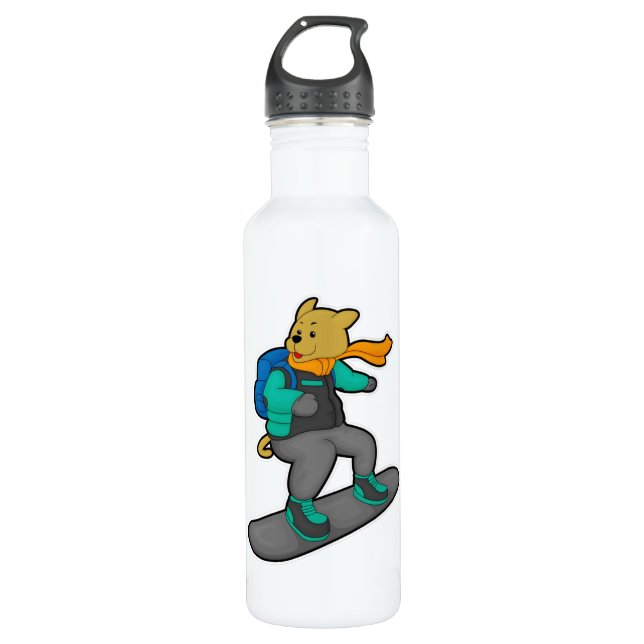 Dog as Snowboarder with Snowboard & Backpack Stainless Steel Water Bottle (Front)