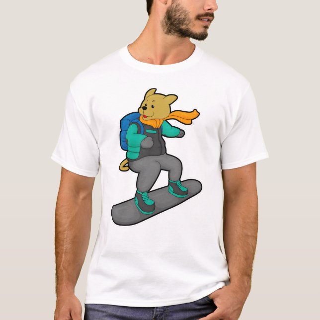Dog as Snowboarder with Snowboard & Backpack T-Shirt (Front)