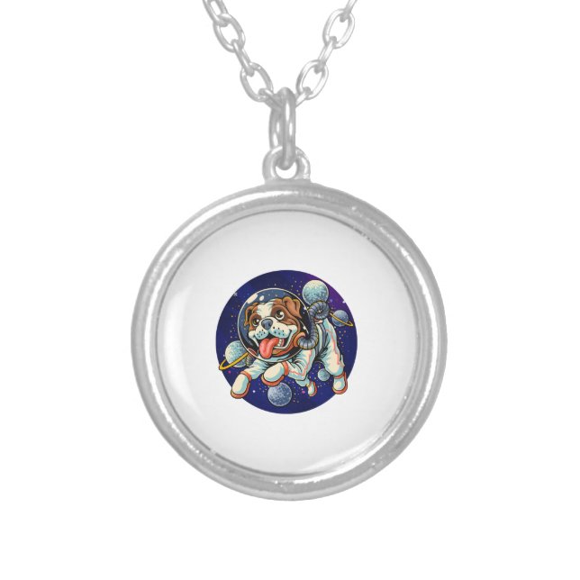 Dog Astronaut, space dog Silver Plated Necklace (Front)