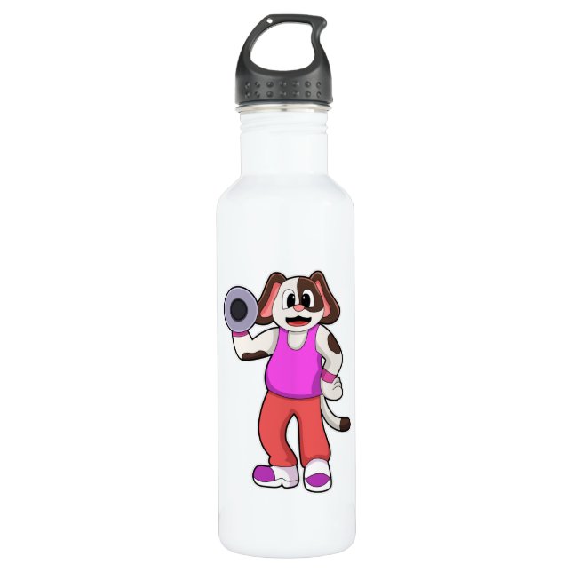 Dog at Bodybuilding with Dumbbell Stainless Steel Water Bottle (Front)