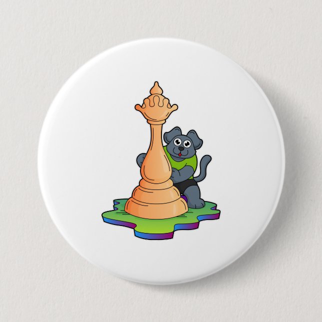 Dog at Chess with Chess piece Queen Button (Front)