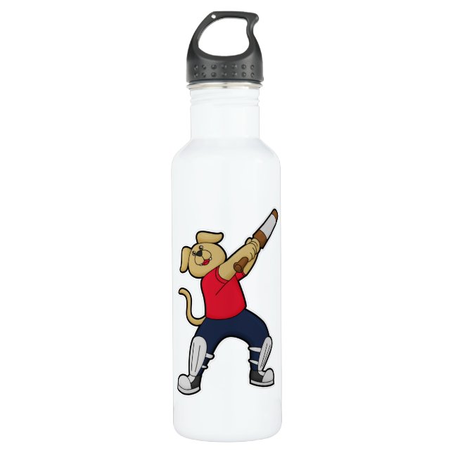 Dog at Cricket with Cricket bat Stainless Steel Water Bottle (Front)