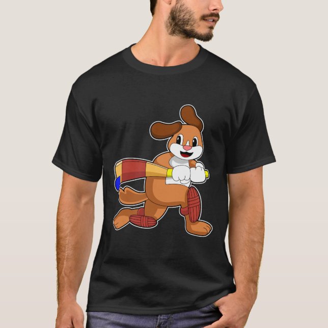 Dog at Cricket with Cricket bat T-Shirt (Front)