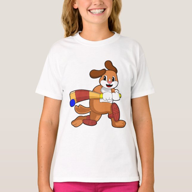 Dog at Cricket with Cricket bat T-Shirt (Front)