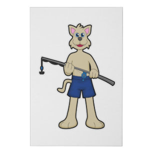 Dog at Fishing with Fishing rod & Fish Faux Canvas Print