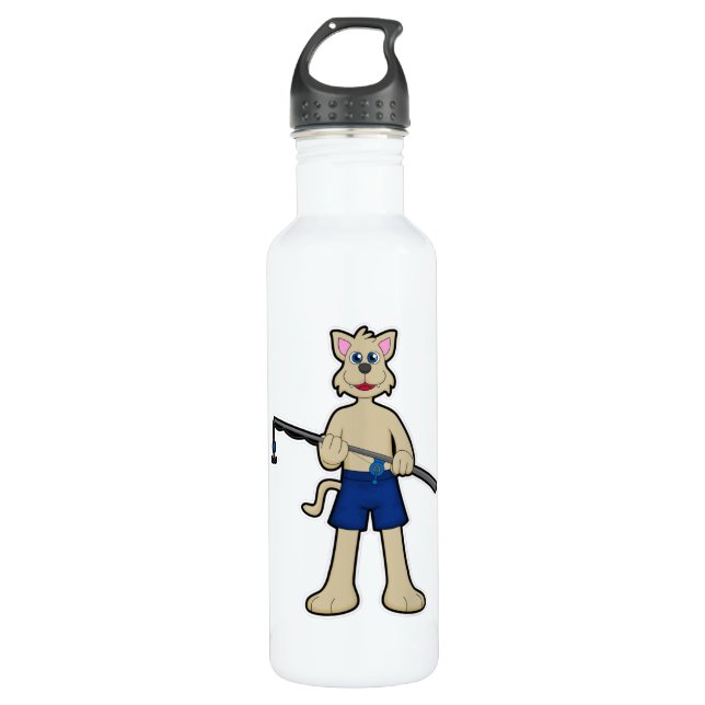 Dog at Fishing with Fishing rod & Fish Stainless Steel Water Bottle (Front)